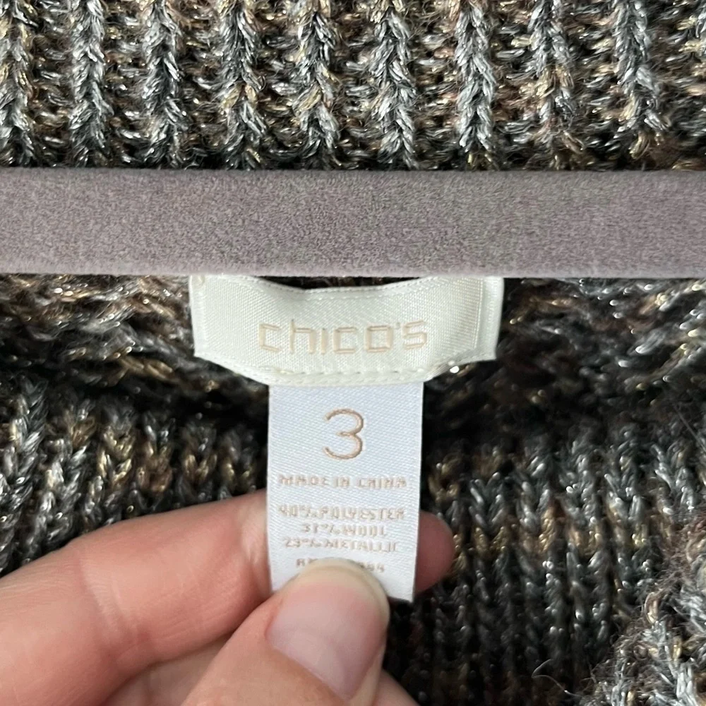 Chico's Sweater Women's XL 16 Wool Blend Metallic Cowl Neck Open Knit‎
